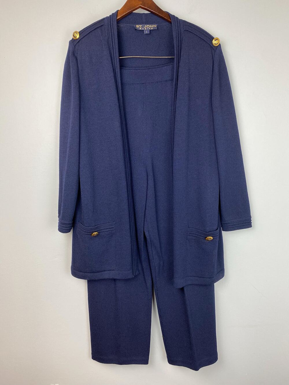 St. John Navy Blue Santana Knit Open Front Cardigan And Matching Pants Set Large